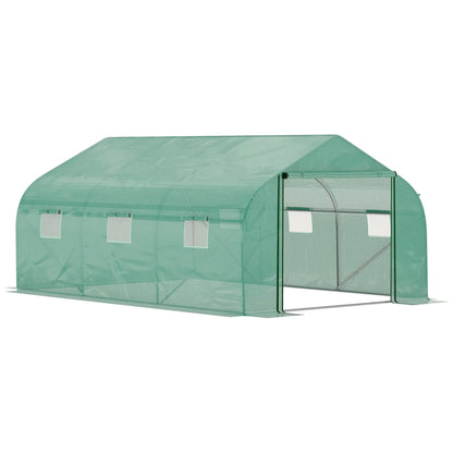 Outsunny Walk-in Polytunnel Garden Greenhouse, Outdoor Mesh Door Greenhouse with PE Cover and 6 Windows, 4.5 x 3 x 2m, Green 