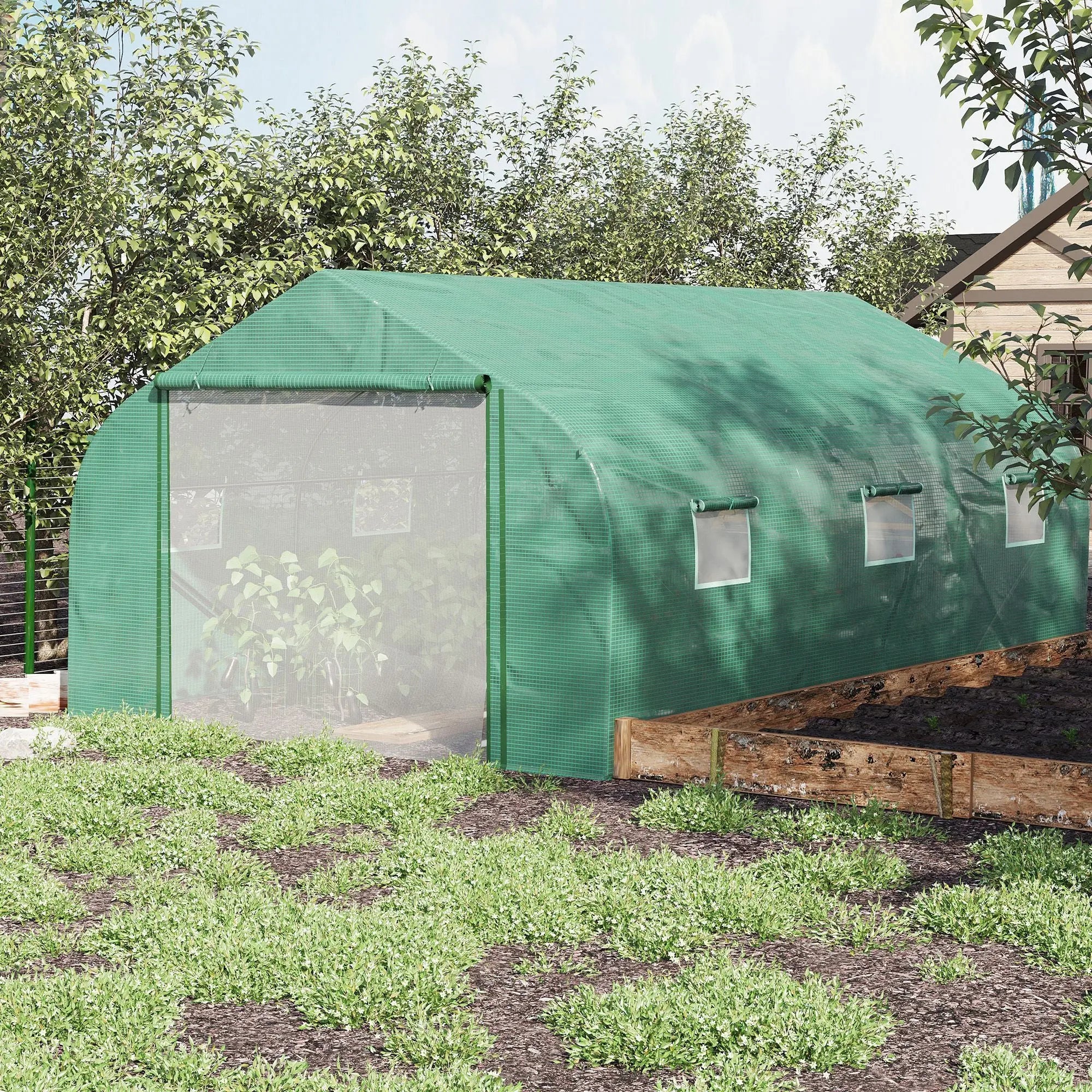 Outsunny Walk-in Polytunnel Garden Greenhouse, Outdoor Mesh Door Greenhouse with PE Cover and 6 Windows, 4.5 x 3 x 2m, Green 