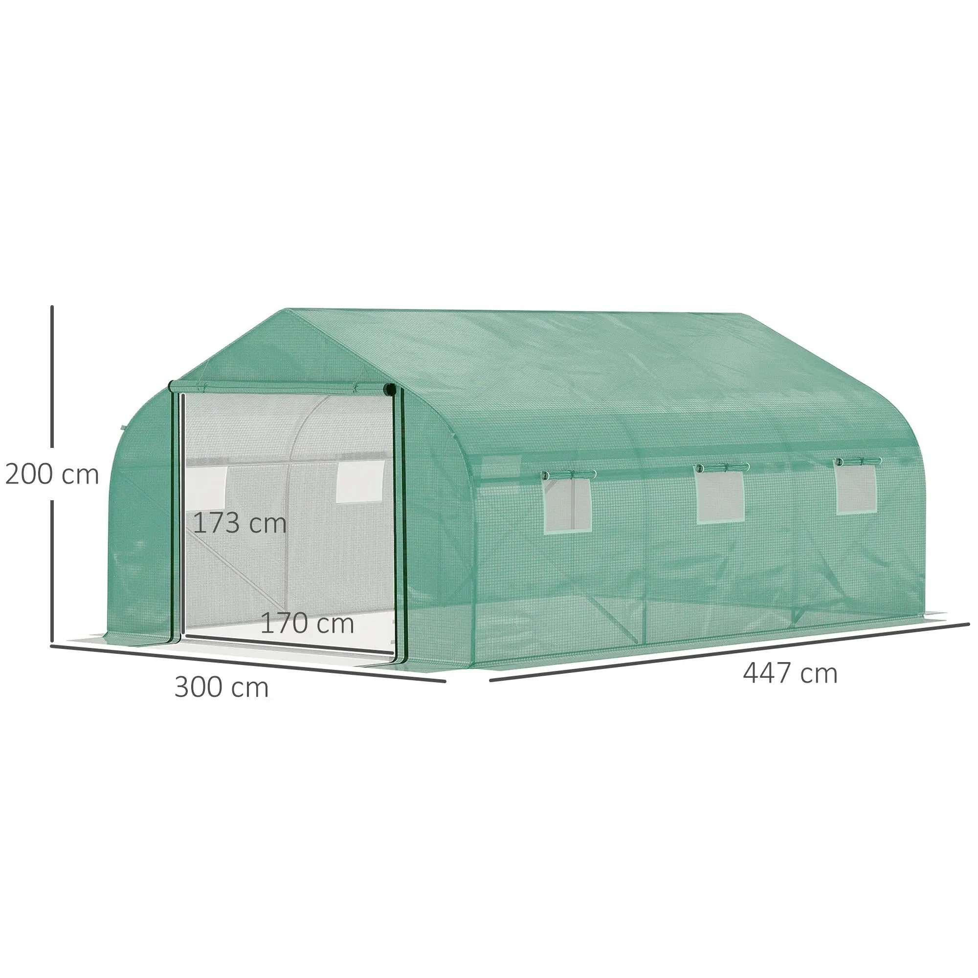 Outsunny Walk-in Polytunnel Garden Greenhouse, Outdoor Mesh Door Greenhouse with PE Cover and 6 Windows, 4.5 x 3 x 2m, Green 
