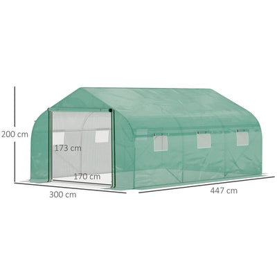 Outsunny Walk-in Polytunnel Garden Greenhouse, Outdoor Mesh Door Greenhouse with PE Cover and 6 Windows, 4.5 x 3 x 2m, Green 