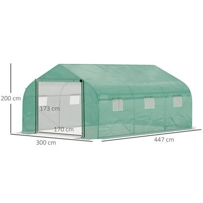 Outsunny Walk-in Polytunnel Garden Greenhouse, Outdoor Mesh Door Greenhouse with PE Cover and 6 Windows, 4.5 x 3 x 2m, Green 