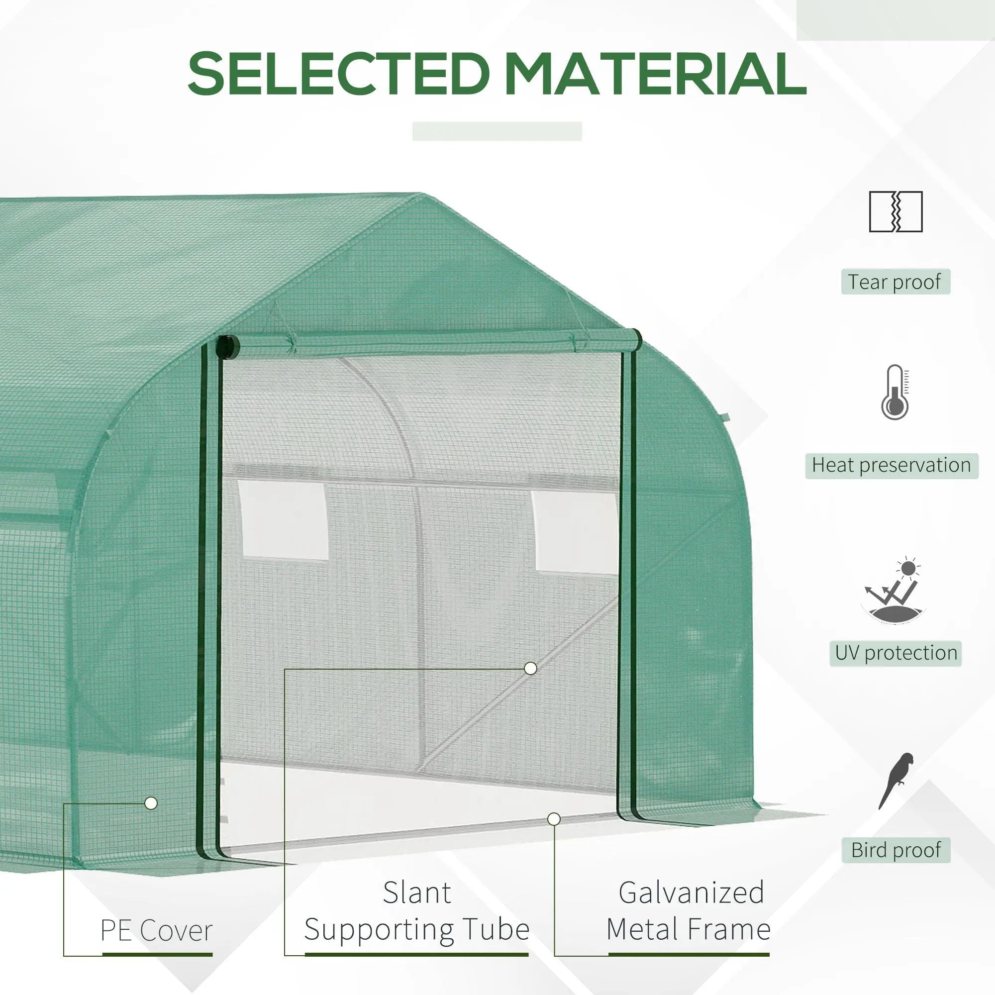 Outsunny Walk-in Polytunnel Garden Greenhouse, Outdoor Mesh Door Greenhouse with PE Cover and 6 Windows, 4.5 x 3 x 2m, Green 