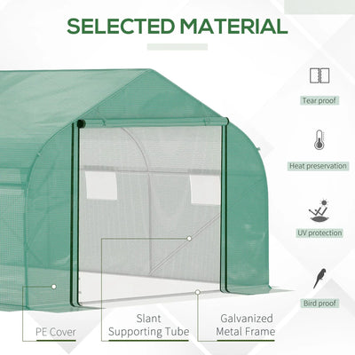 Outsunny Walk-in Polytunnel Garden Greenhouse, Outdoor Mesh Door Greenhouse with PE Cover and 6 Windows, 4.5 x 3 x 2m, Green 