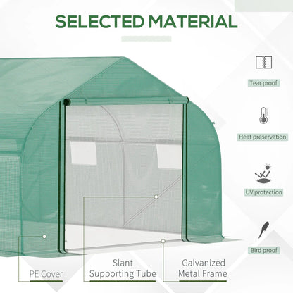 Outsunny Walk-in Polytunnel Garden Greenhouse, Outdoor Mesh Door Greenhouse with PE Cover and 6 Windows, 4.5 x 3 x 2m, Green 