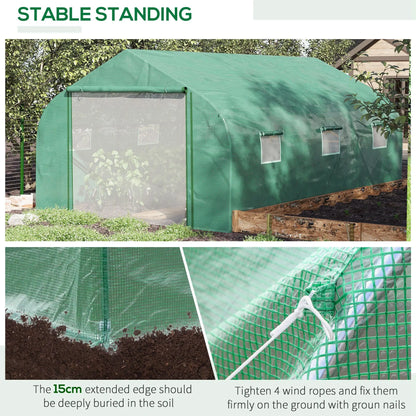 Outsunny Walk-in Polytunnel Garden Greenhouse, Outdoor Mesh Door Greenhouse with PE Cover and 6 Windows, 4.5 x 3 x 2m, Green 