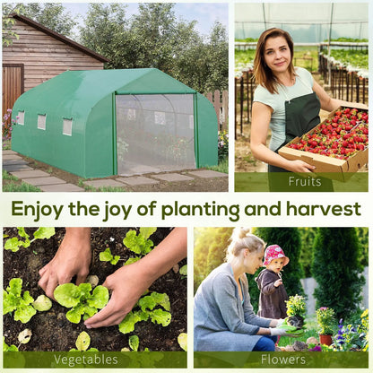 Outsunny Walk-in Polytunnel Garden Greenhouse, Outdoor Mesh Door Greenhouse with PE Cover and 6 Windows, 4.5 x 3 x 2m, Green 