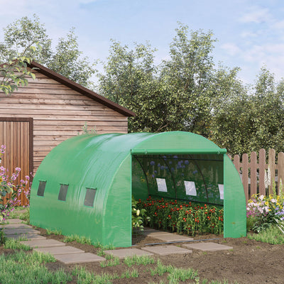 Outsunny Walk-in Polytunnel Greenhouse, Outdoor Garden Tunnel Greenhouse Tent with Zipped Roll-Up Door and 6 Mesh Windows, 4 x 3M 