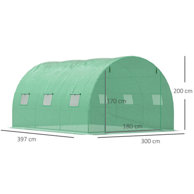 Outsunny Walk-in Polytunnel Greenhouse, Outdoor Garden Tunnel Greenhouse Tent with Zipped Roll-Up Door and 6 Mesh Windows, 4 x 3M 