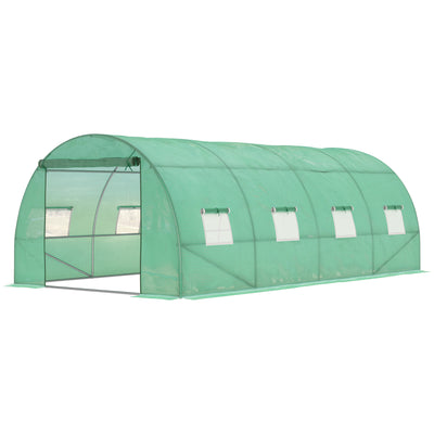 Outsunny Walk-in Polytunnel Greenhouse, Outdoor Garden Tunnel Greenhouse Tent with Zipped Roll-Up Door and 8 Mesh Windows, 6 x 3M 
