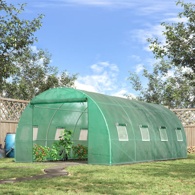 Outsunny Walk-in Polytunnel Greenhouse, Outdoor Garden Tunnel Greenhouse Tent with Zipped Roll-Up Door and 8 Mesh Windows, 6 x 3M 