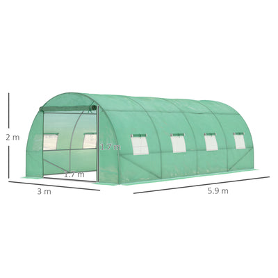 Outsunny Walk-in Polytunnel Greenhouse, Outdoor Garden Tunnel Greenhouse Tent with Zipped Roll-Up Door and 8 Mesh Windows, 6 x 3M 