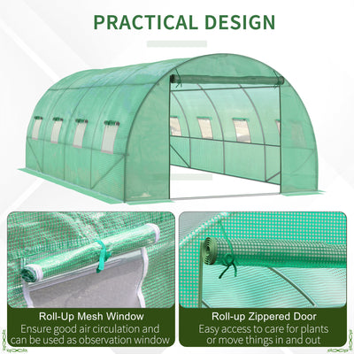 Outsunny Walk-in Polytunnel Greenhouse, Outdoor Garden Tunnel Greenhouse Tent with Zipped Roll-Up Door and 8 Mesh Windows, 6 x 3M 