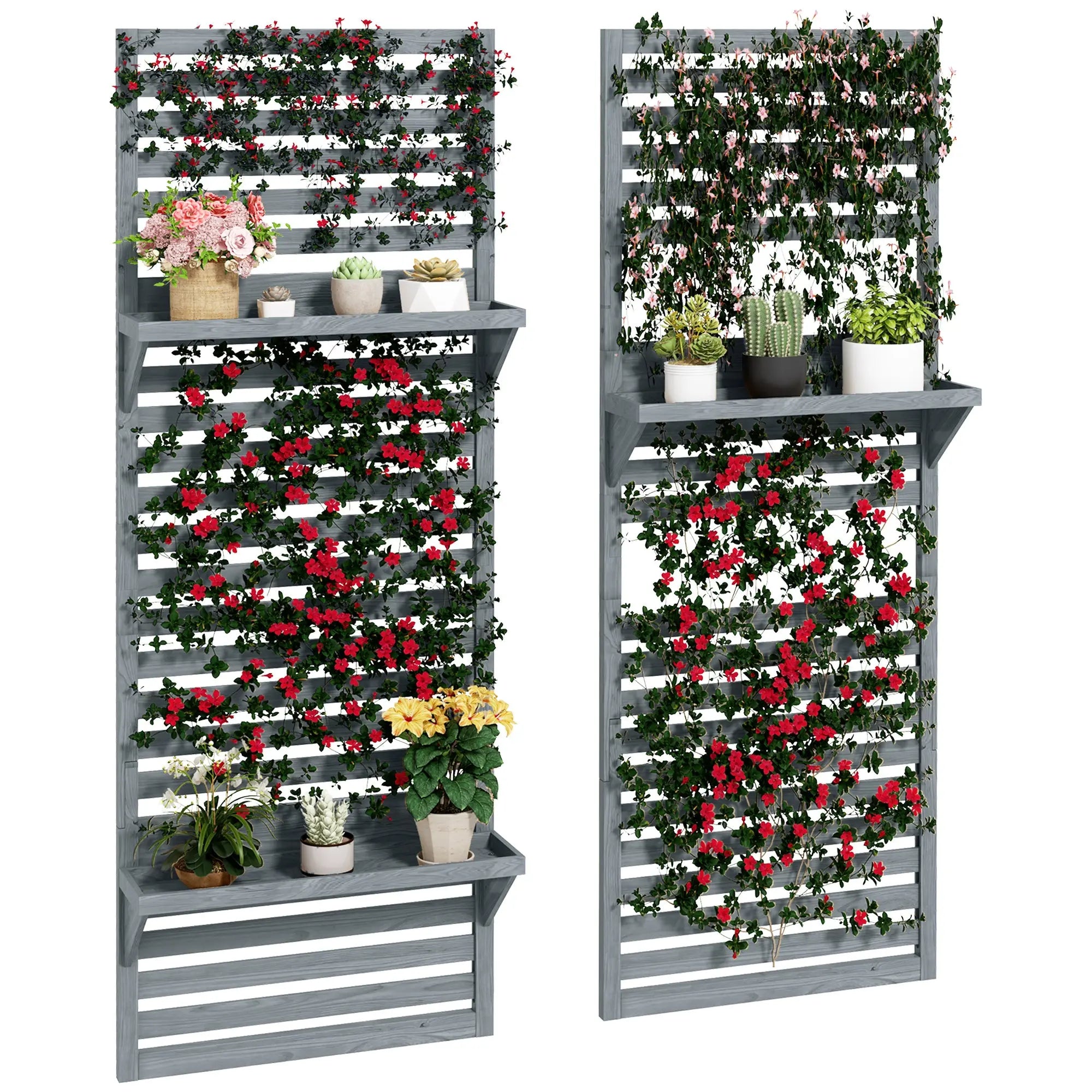 Outsunny Wall Mounted Plant Stands Set of 2, Fir Wood Flower Stand with Shelves and Slatted Trellis for Patio, Balcony, Porch 