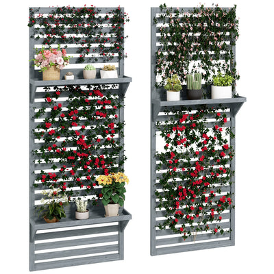 Outsunny Wall Mounted Plant Stands Set of 2, Fir Wood Flower Stand with Shelves and Slatted Trellis for Patio, Balcony, Porch 