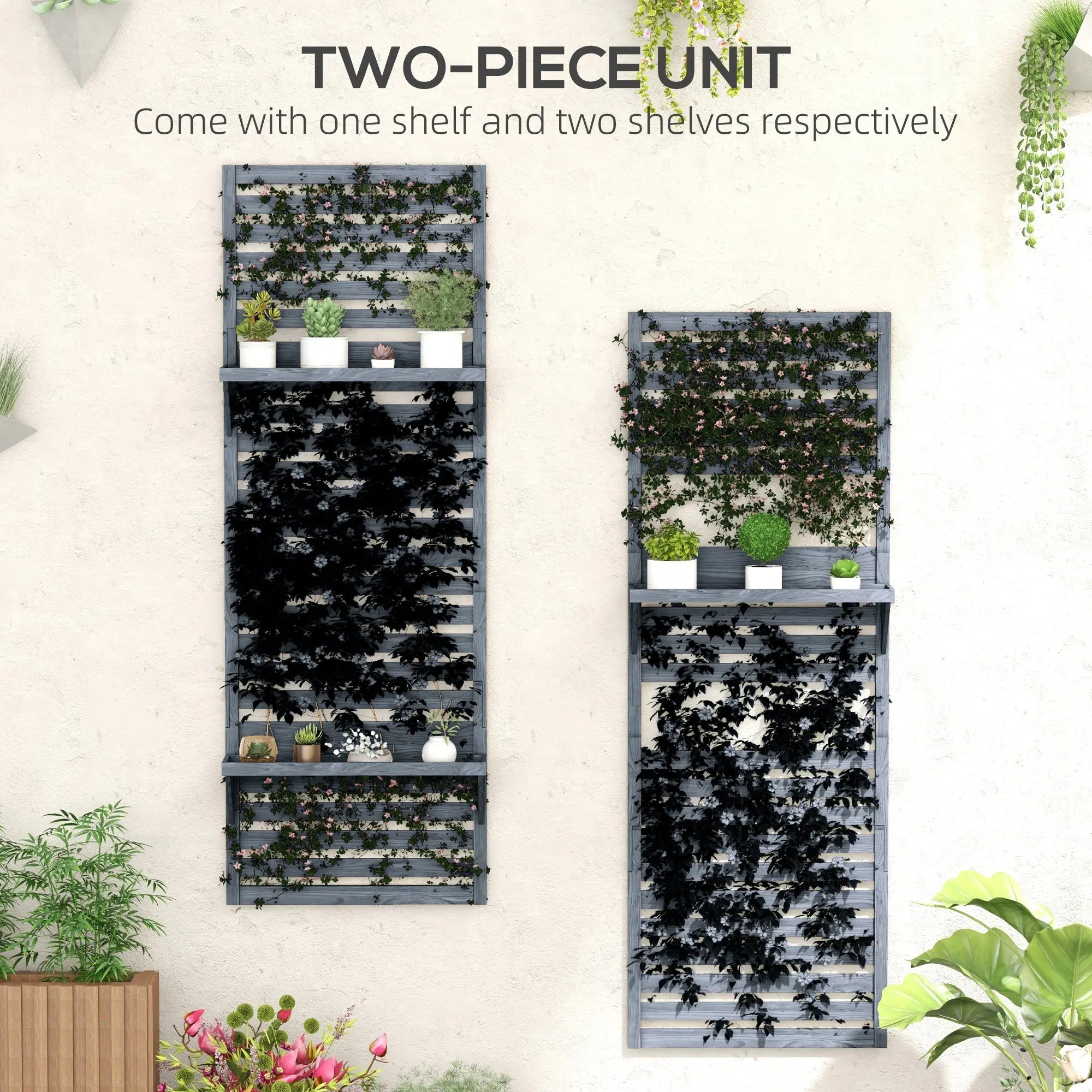 Outsunny Wall Mounted Plant Stands Set of 2, Fir Wood Flower Stand with Shelves and Slatted Trellis for Patio, Balcony, Porch 