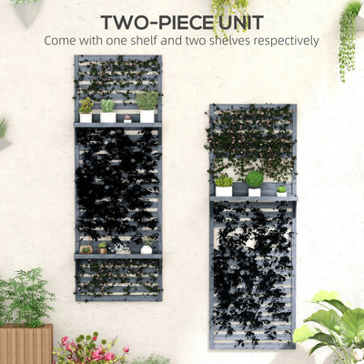 Outsunny Wall Mounted Plant Stands Set of 2, Fir Wood Flower Stand with Shelves and Slatted Trellis for Patio, Balcony, Porch 