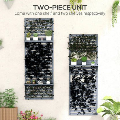 Outsunny Wall Mounted Plant Stands Set of 2, Fir Wood Flower Stand with Shelves and Slatted Trellis for Patio, Balcony, Porch 