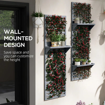 Outsunny Wall Mounted Plant Stands Set of 2, Fir Wood Flower Stand with Shelves and Slatted Trellis for Patio, Balcony, Porch 