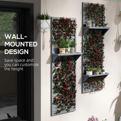 Outsunny Wall Mounted Plant Stands Set of 2, Fir Wood Flower Stand with Shelves and Slatted Trellis for Patio, Balcony, Porch 