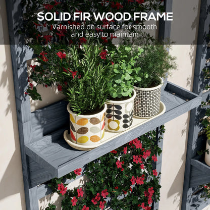 Outsunny Wall Mounted Plant Stands Set of 2, Fir Wood Flower Stand with Shelves and Slatted Trellis for Patio, Balcony, Porch 