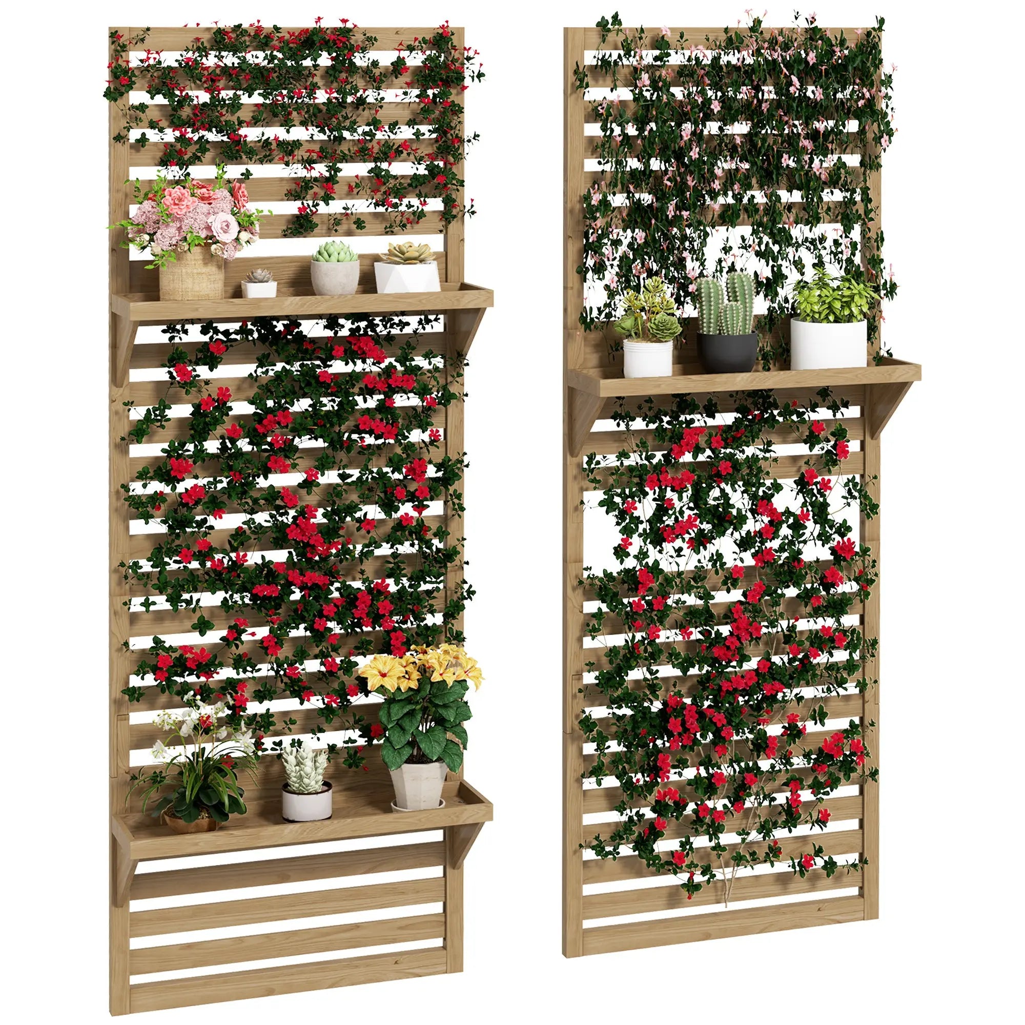 Outsunny Wall Mounted Plant Stands Set of 2, Fir Wood Flower Stand with Shelves and Slatted Trellis for Patio, Balcony, Porch 