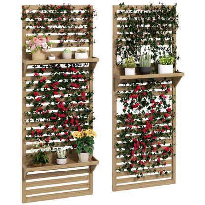 Outsunny Wall Mounted Plant Stands Set of 2, Fir Wood Flower Stand with Shelves and Slatted Trellis for Patio, Balcony, Porch 