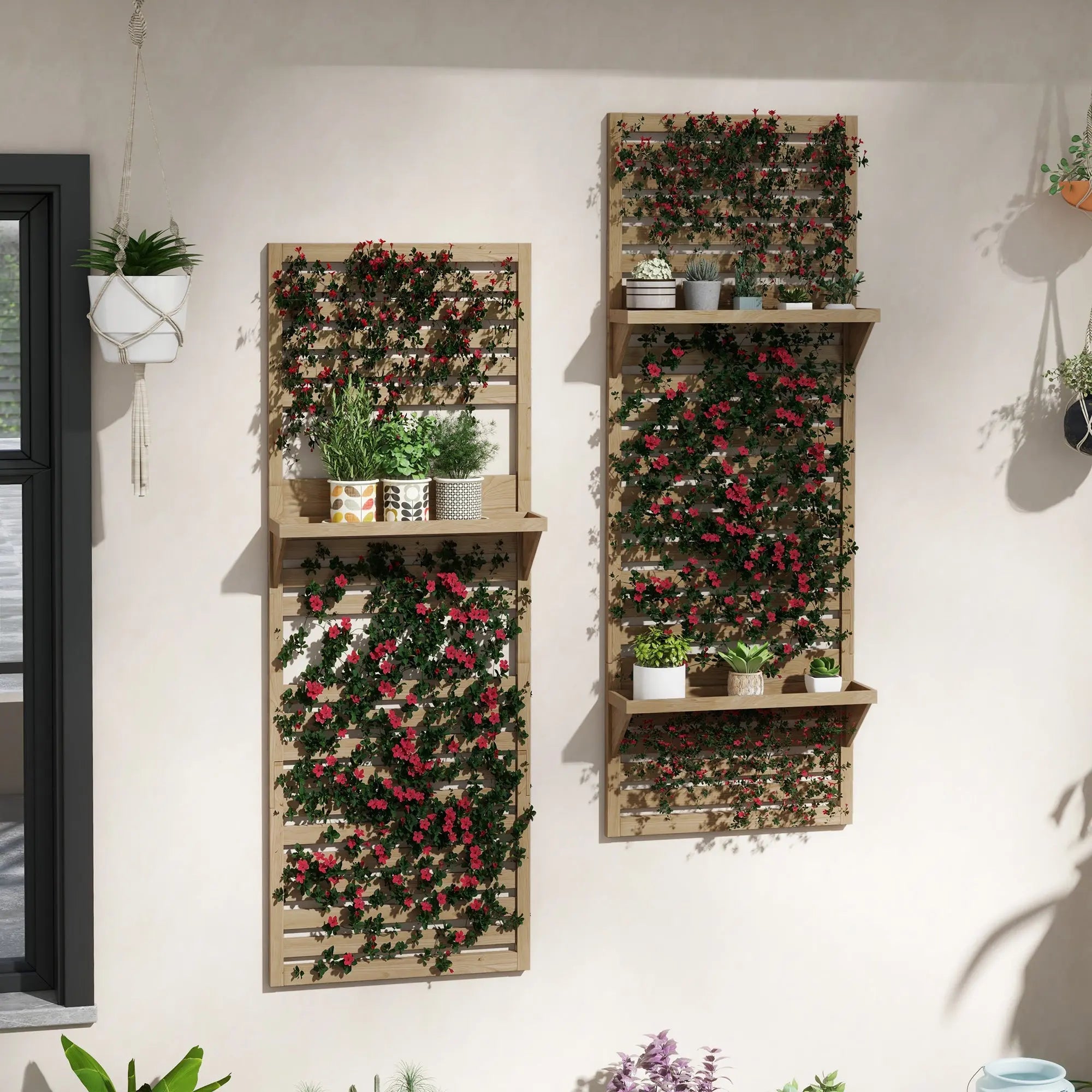 Outsunny Wall Mounted Plant Stands Set of 2, Fir Wood Flower Stand with Shelves and Slatted Trellis for Patio, Balcony, Porch 