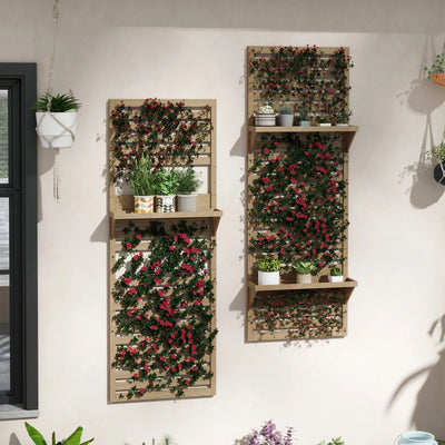 Outsunny Wall Mounted Plant Stands Set of 2, Fir Wood Flower Stand with Shelves and Slatted Trellis for Patio, Balcony, Porch 