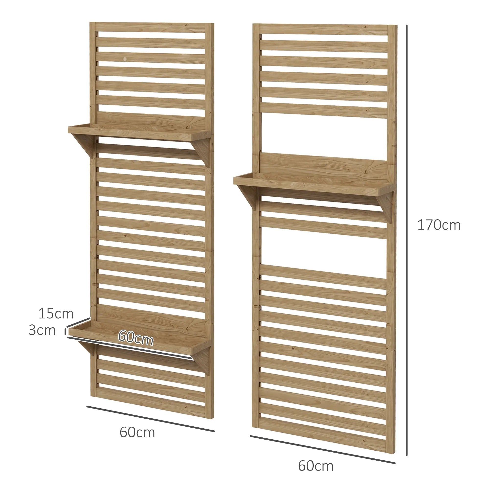 Outsunny Wall Mounted Plant Stands Set of 2, Fir Wood Flower Stand with Shelves and Slatted Trellis for Patio, Balcony, Porch 