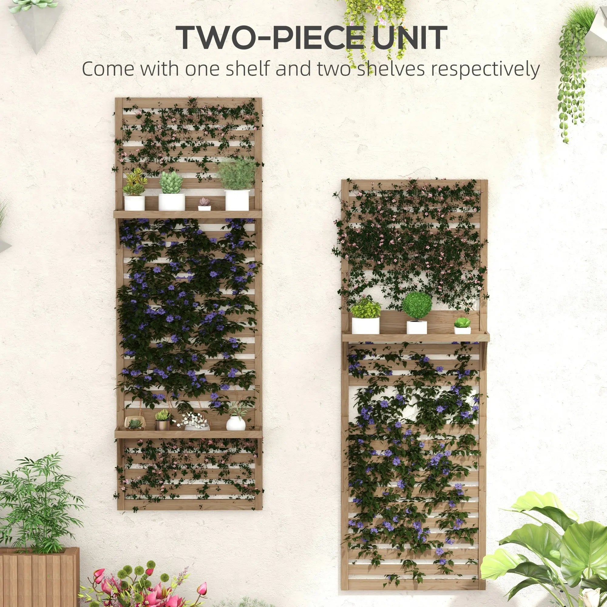 Outsunny Wall Mounted Plant Stands Set of 2, Fir Wood Flower Stand with Shelves and Slatted Trellis for Patio, Balcony, Porch 