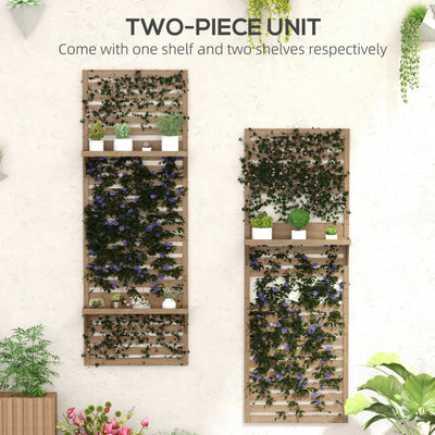 Outsunny Wall Mounted Plant Stands Set of 2, Fir Wood Flower Stand with Shelves and Slatted Trellis for Patio, Balcony, Porch 