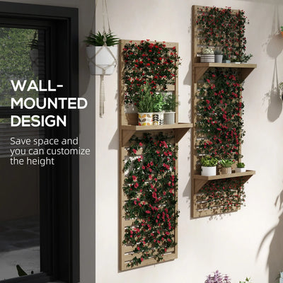 Outsunny Wall Mounted Plant Stands Set of 2, Fir Wood Flower Stand with Shelves and Slatted Trellis for Patio, Balcony, Porch 