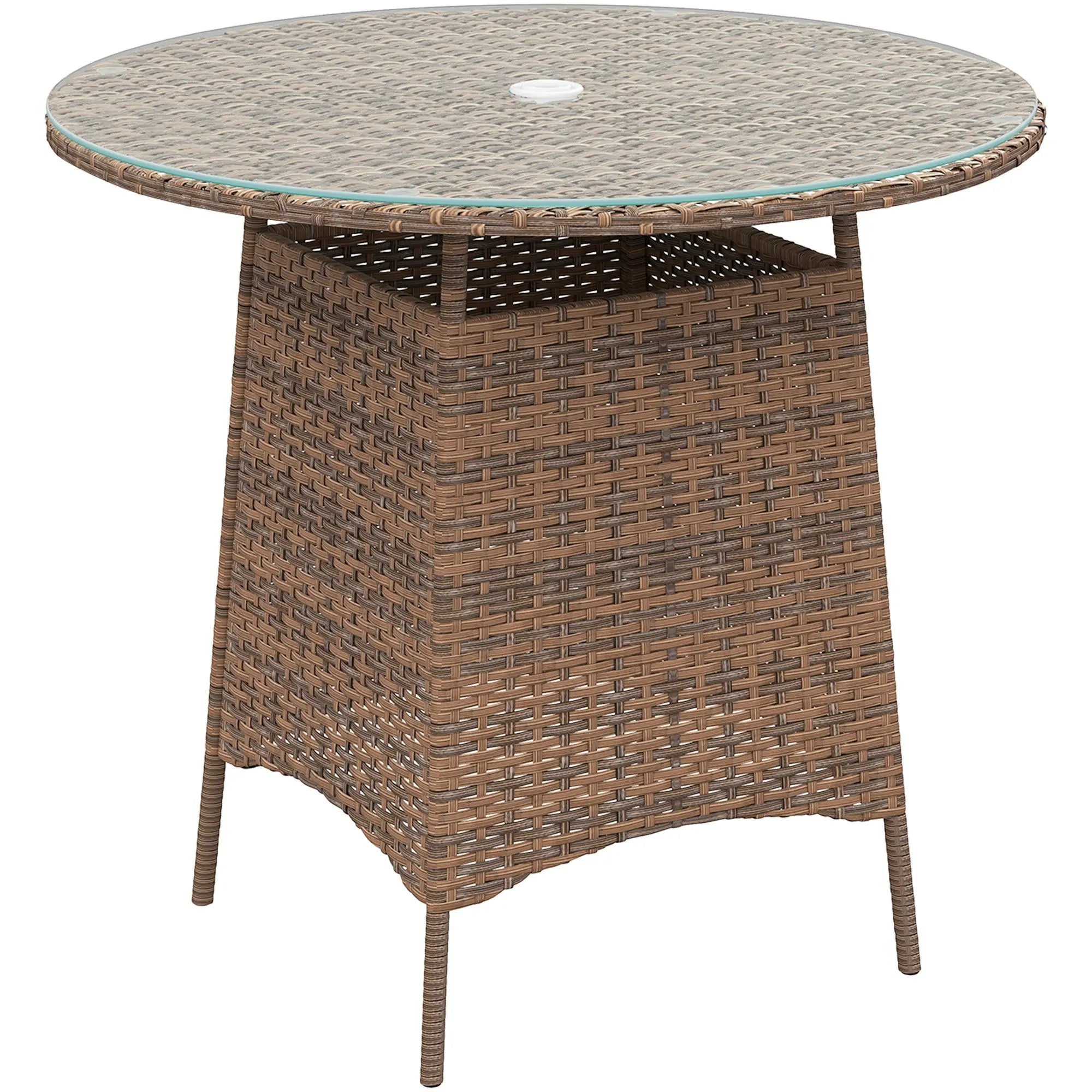 Outsunny Wicker Garden Rattan Table, Patio Furniture Outdoor Coffee Table with Umbrella Hole and Tempered Glass Top, Brown 