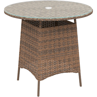 Outsunny Wicker Garden Rattan Table, Patio Furniture Outdoor Coffee Table with Umbrella Hole and Tempered Glass Top, Brown 