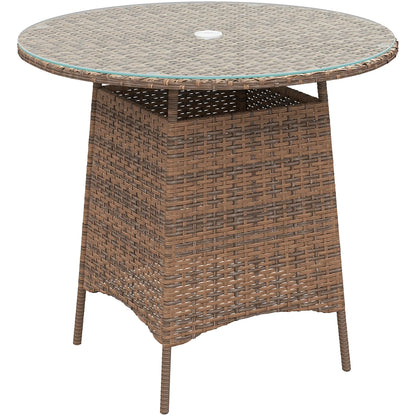 Outsunny Wicker Garden Rattan Table, Patio Furniture Outdoor Coffee Table with Umbrella Hole and Tempered Glass Top, Brown 