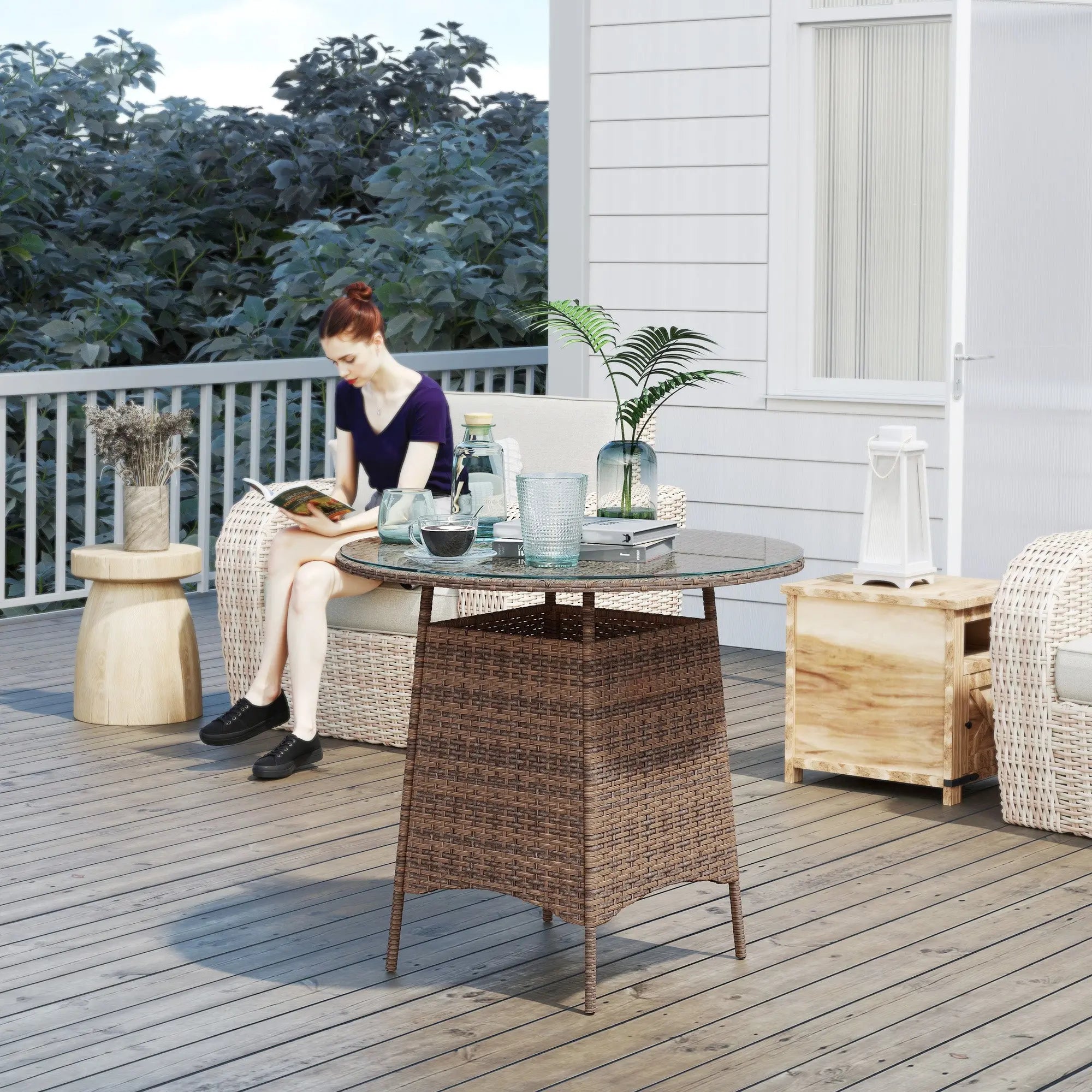 Outsunny Wicker Garden Rattan Table, Patio Furniture Outdoor Coffee Table with Umbrella Hole and Tempered Glass Top, Brown 