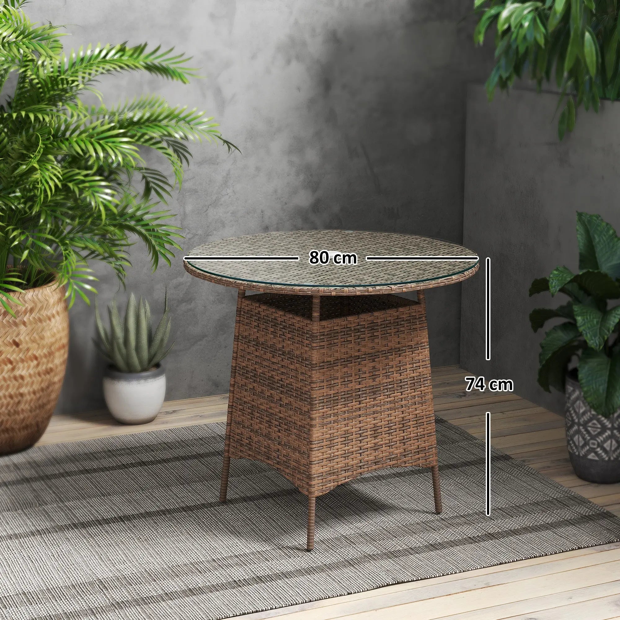Outsunny Wicker Garden Rattan Table, Patio Furniture Outdoor Coffee Table with Umbrella Hole and Tempered Glass Top, Brown 