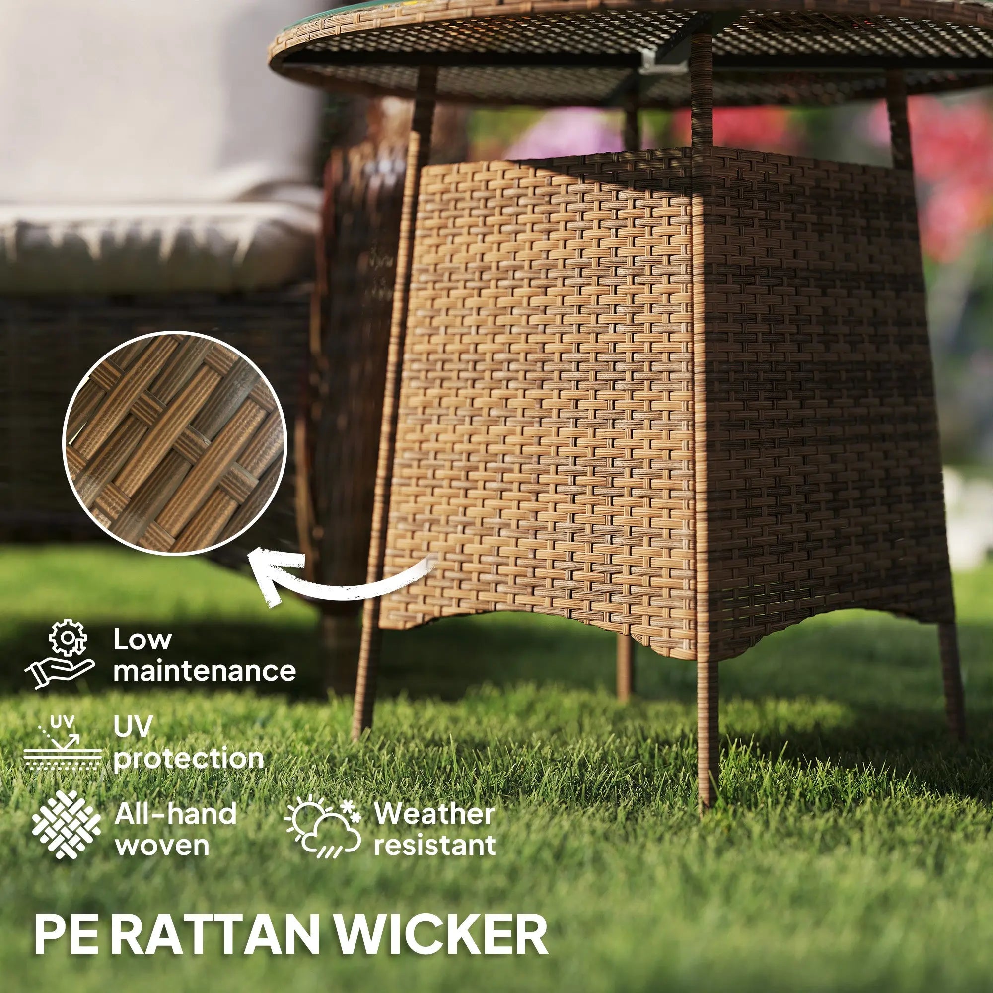 Outsunny Wicker Garden Rattan Table, Patio Furniture Outdoor Coffee Table with Umbrella Hole and Tempered Glass Top, Brown 