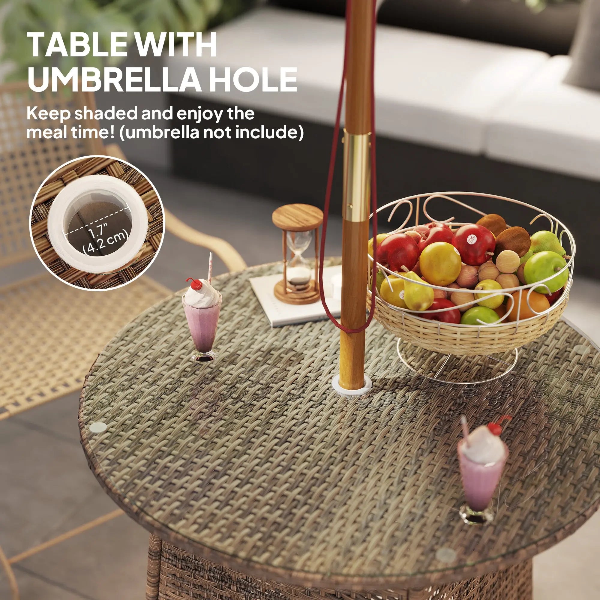 Outsunny Wicker Garden Rattan Table, Patio Furniture Outdoor Coffee Table with Umbrella Hole and Tempered Glass Top, Brown 