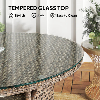 Outsunny Wicker Garden Rattan Table, Patio Furniture Outdoor Coffee Table with Umbrella Hole and Tempered Glass Top, Brown 