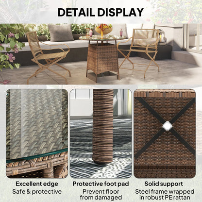 Outsunny Wicker Garden Rattan Table, Patio Furniture Outdoor Coffee Table with Umbrella Hole and Tempered Glass Top, Brown 