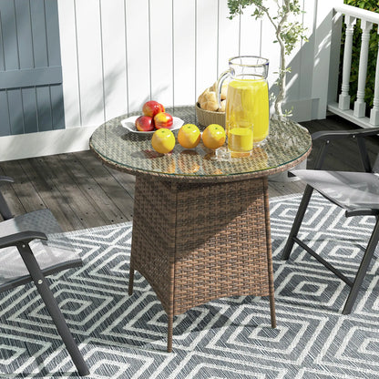 Outsunny Wicker Garden Rattan Table, Patio Furniture Outdoor Coffee Table with Umbrella Hole and Tempered Glass Top, Brown 