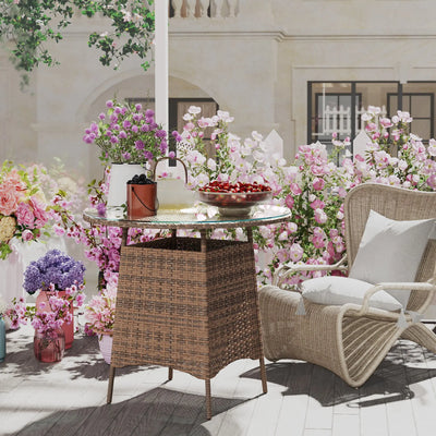 Outsunny Wicker Garden Rattan Table, Patio Furniture Outdoor Coffee Table with Umbrella Hole and Tempered Glass Top, Brown 