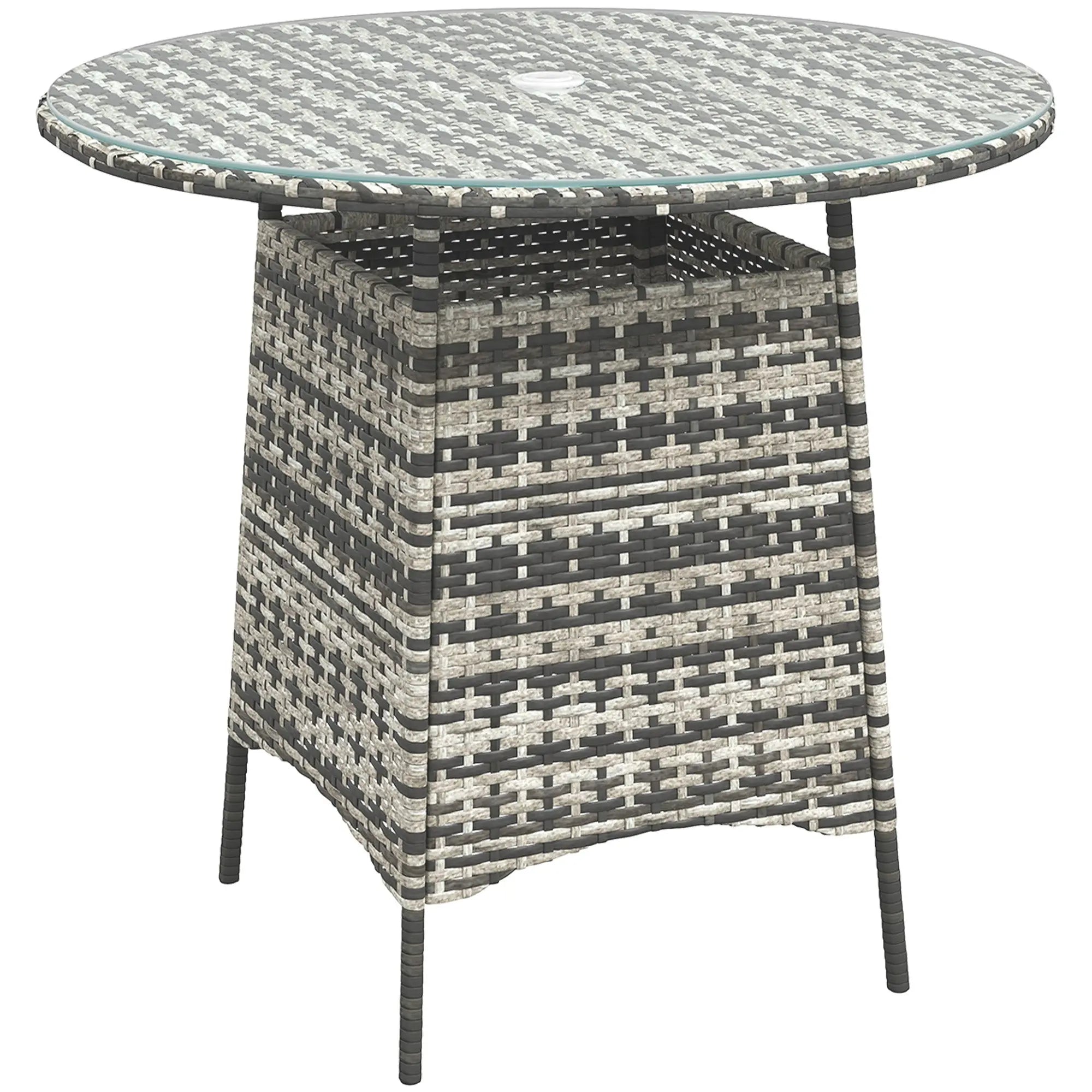 Outsunny Wicker Garden Rattan Table, Patio Furniture Outdoor Coffee Table with Umbrella Hole and Tempered Glass Top, Grey 