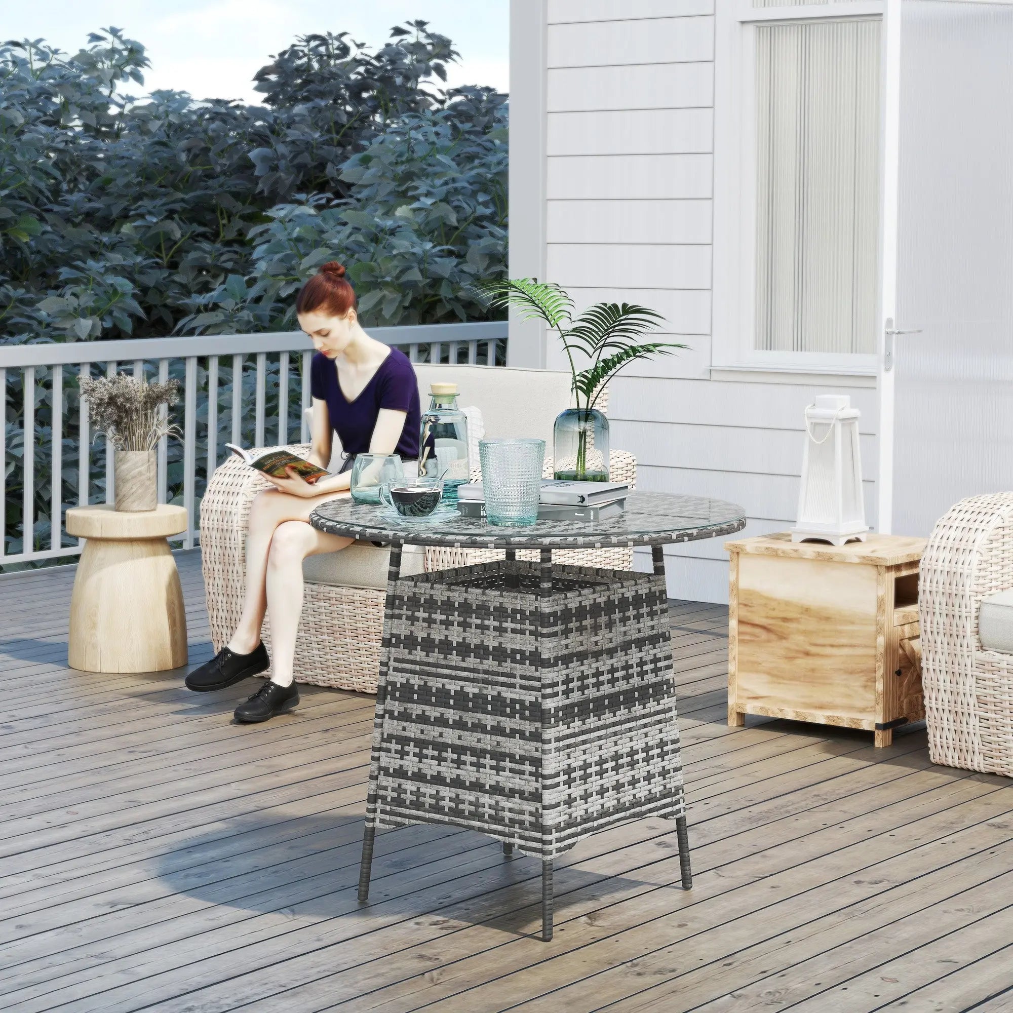Outsunny Wicker Garden Rattan Table, Patio Furniture Outdoor Coffee Table with Umbrella Hole and Tempered Glass Top, Grey 