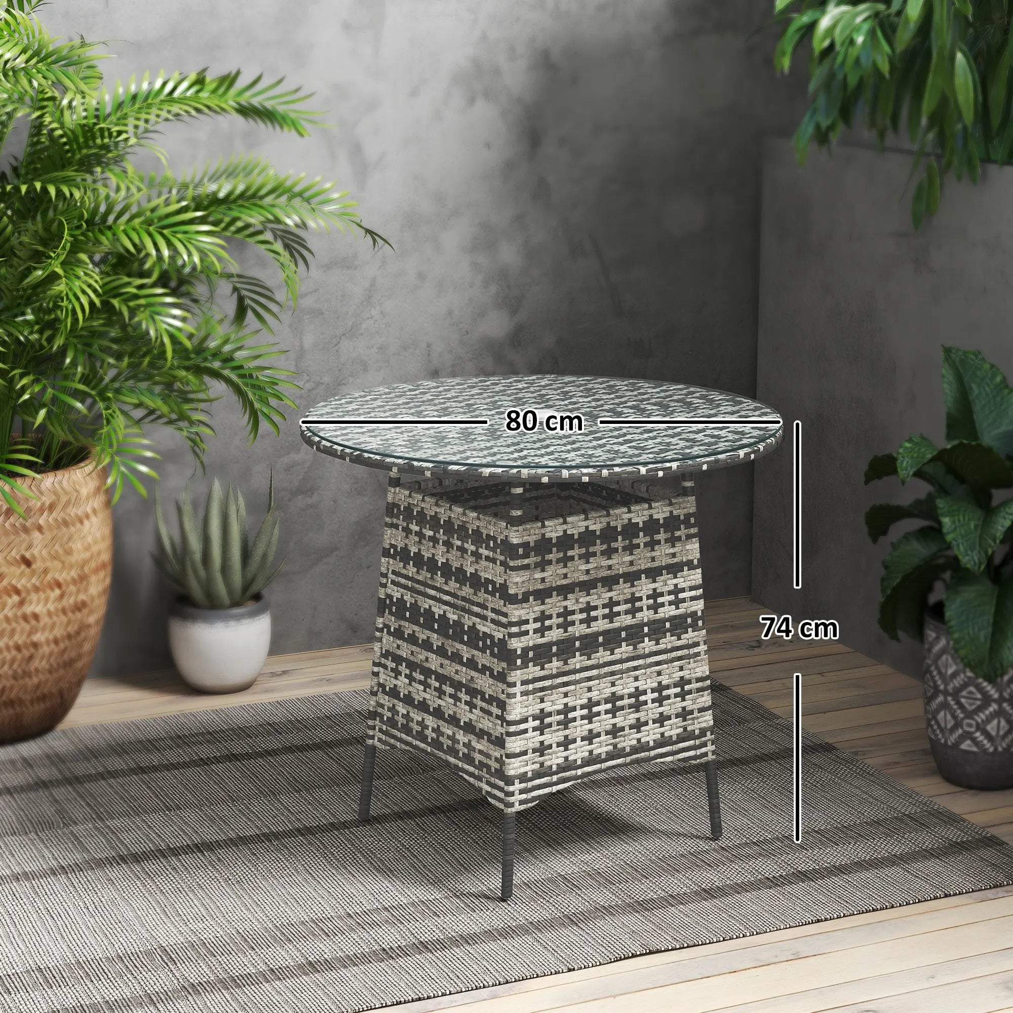 Outsunny Wicker Garden Rattan Table, Patio Furniture Outdoor Coffee Table with Umbrella Hole and Tempered Glass Top, Grey 