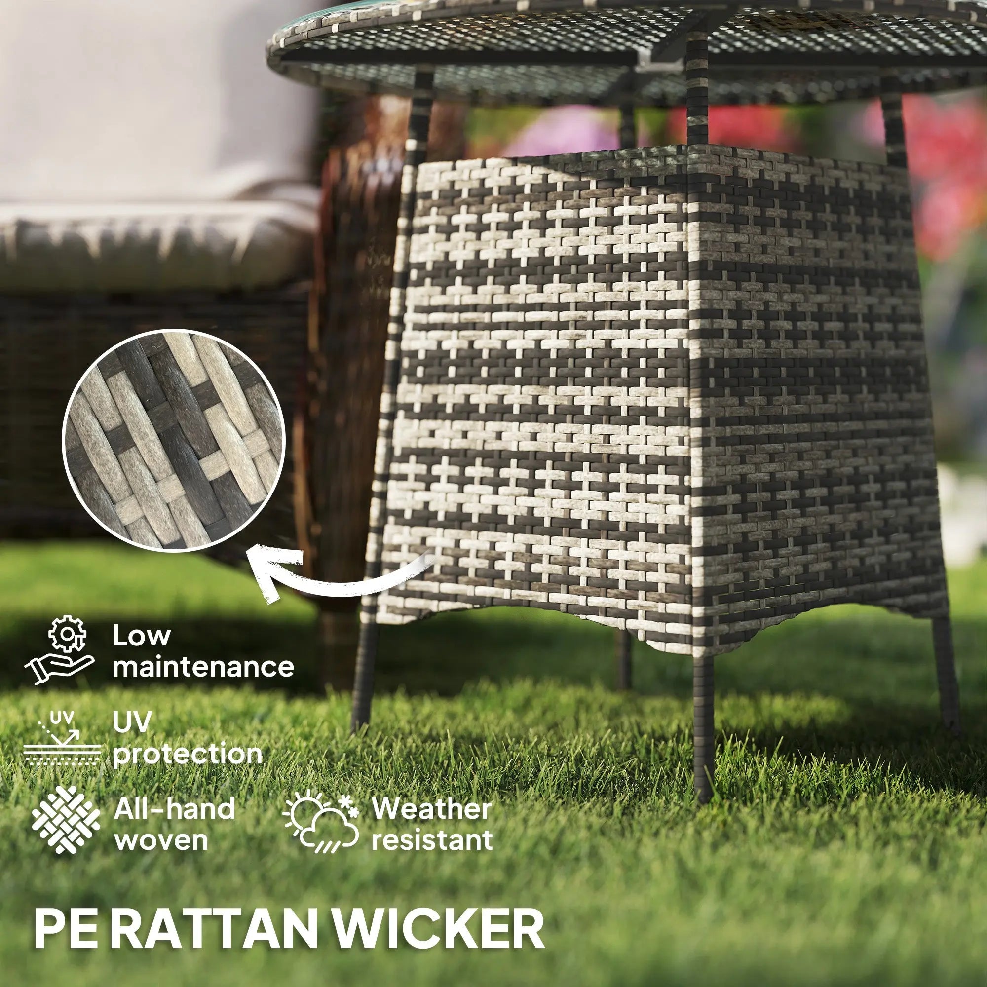 Outsunny Wicker Garden Rattan Table, Patio Furniture Outdoor Coffee Table with Umbrella Hole and Tempered Glass Top, Grey 