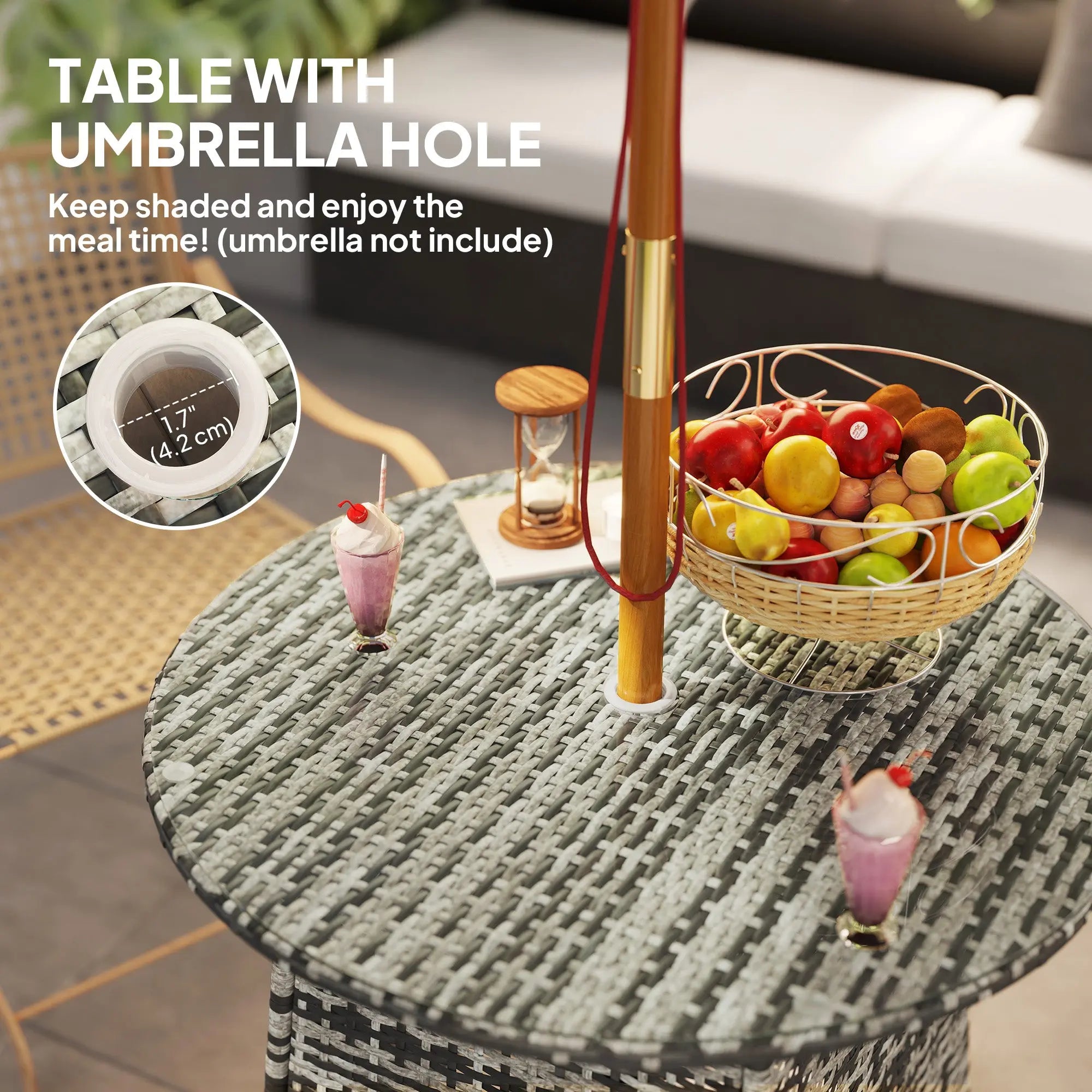 Outsunny Wicker Garden Rattan Table, Patio Furniture Outdoor Coffee Table with Umbrella Hole and Tempered Glass Top, Grey 