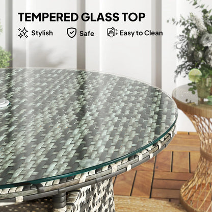 Outsunny Wicker Garden Rattan Table, Patio Furniture Outdoor Coffee Table with Umbrella Hole and Tempered Glass Top, Grey 