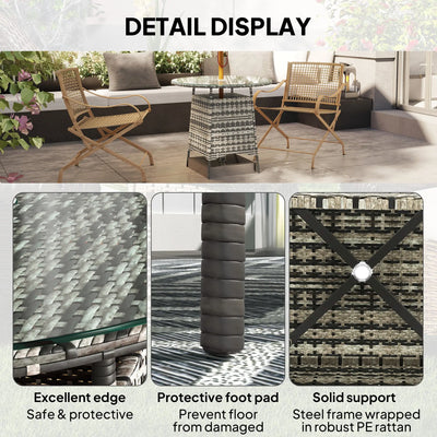 Outsunny Wicker Garden Rattan Table, Patio Furniture Outdoor Coffee Table with Umbrella Hole and Tempered Glass Top, Grey 